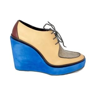 Jill Sander Platform Wedge Bootie Beige Leather Snakeskin Blue Suede 39